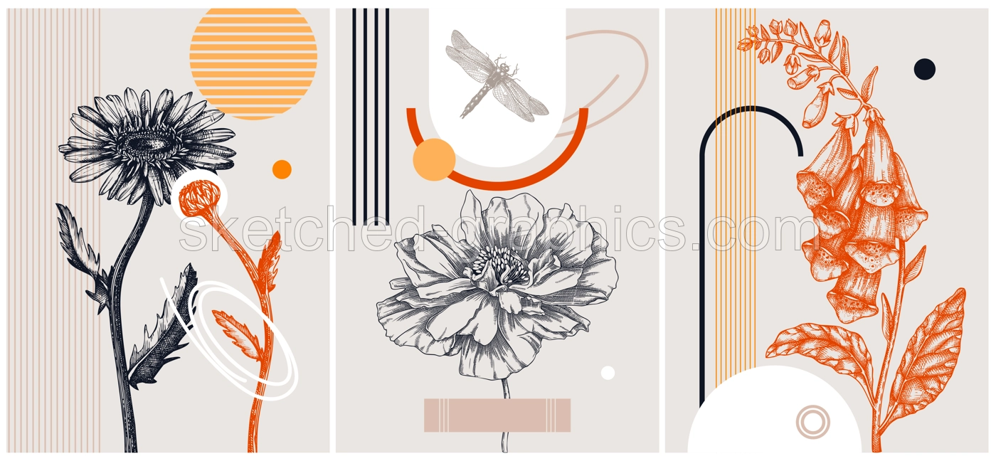 Trendy collage style summer flowers card designs. Abstract and minimalist illustrations with floral sketches. With geometric shapes and botanical elements for wall art, prints, decoration, invitations Illustration